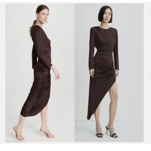 VERONICA BEARD TRISTANA ASYMMETRICAL RUCHED SATIN JERSEY OXBLOOD MIDI DRESS sz 8 - Picture 2 of 6